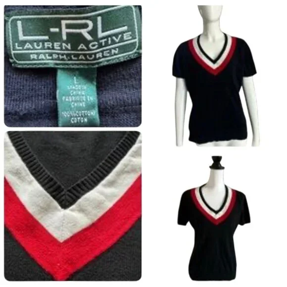 Lauren Ralph Lauren Active Women V-neck Golf Sweater L Preppy Black Cotton S/S - Picture 7 of 14